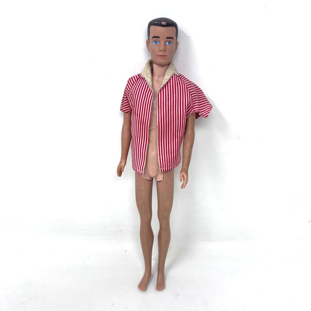 Vintage Ken Doll 1960s Brunette Brown Painted Hair Mattel Barbie Striped‎ Shirt